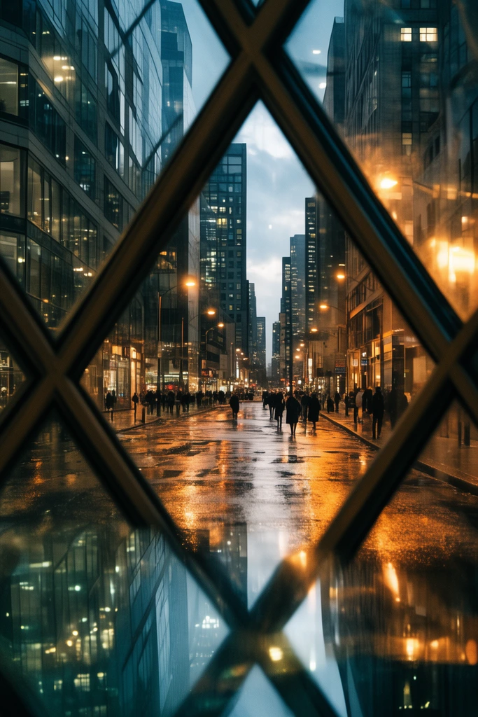 city street at dusk framed by a diamond lattice window, wet asphalt reflecting warm streetlights, modern buildings, distant pedestrians, foreground glass reflections, cinematic urban photography