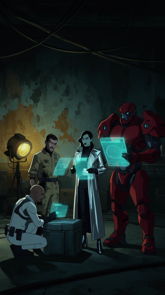 A squad of diverse sci-fi mercenaries gathers under glowing cyan holographic displays in a shadowy, grime-covered cargo bay. A massive armored cyborg in a crimson power suit stands beside a slender operative in a silver trench coat. A mechanic in a grease-stained jumpsuit and a crouching figure in a white suit inspect a metal crate nearby. The dark room features peeling wall paint, thick overhead cables, and a yellow industrial spotlight on a tripod. Rendered in a 2D cel-shaded animation style with high-contrast chiaroscuro lighting, deep teal shadows, and moody atmospheric staging.