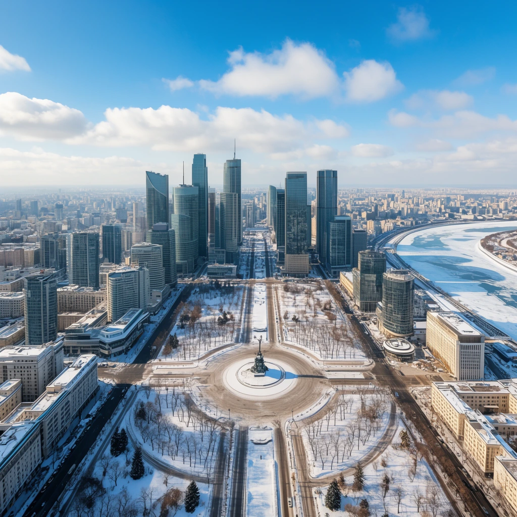 A wide-angle aerial cityscape of a winter metropolis. A grand, snow-dusted boulevard flanked by bare trees and expansive parklands leads directly toward a dense cluster of towering modern skyscrapers. A large circular plaza with a central monument anchors the avenue in the foreground. To the right, a partially frozen river curves past the downtown area under bright, crisp sunlight. A clear blue sky dotted with fluffy white clouds casts long shadows across the sprawling urban grid.
