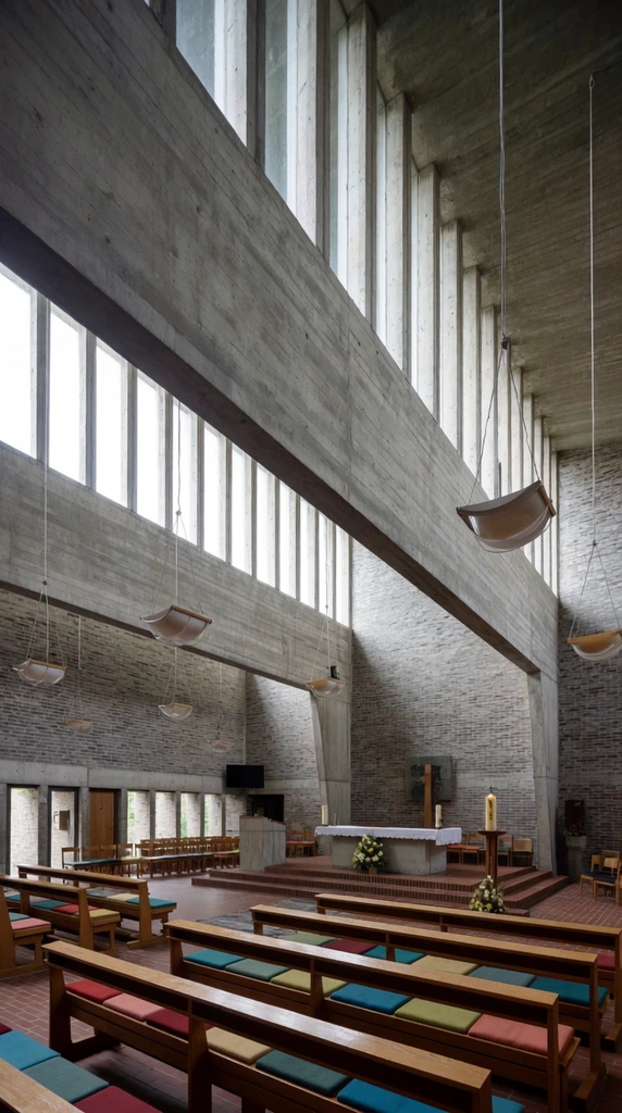 brutalist church interior, massive raw concrete beams, exposed grey brick walls, high clerestory windows streaming natural light, wooden pews with colorful cushions, hanging pendant lights with curved shades, raised altar, red brick floor, wide-angle architectural photography, sharp focus
