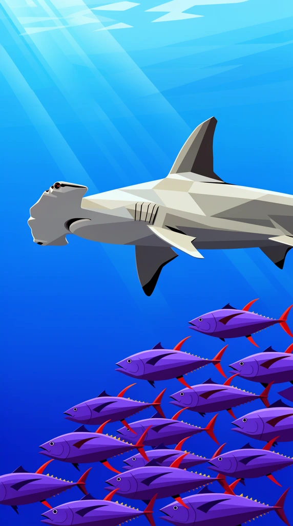 geometric hammerhead shark swimming left, crisp vector illustration, school of purple tuna with red tails swimming right, underwater ocean scene, diagonal sunrays, flat colors, sharp angles, blue gradient background