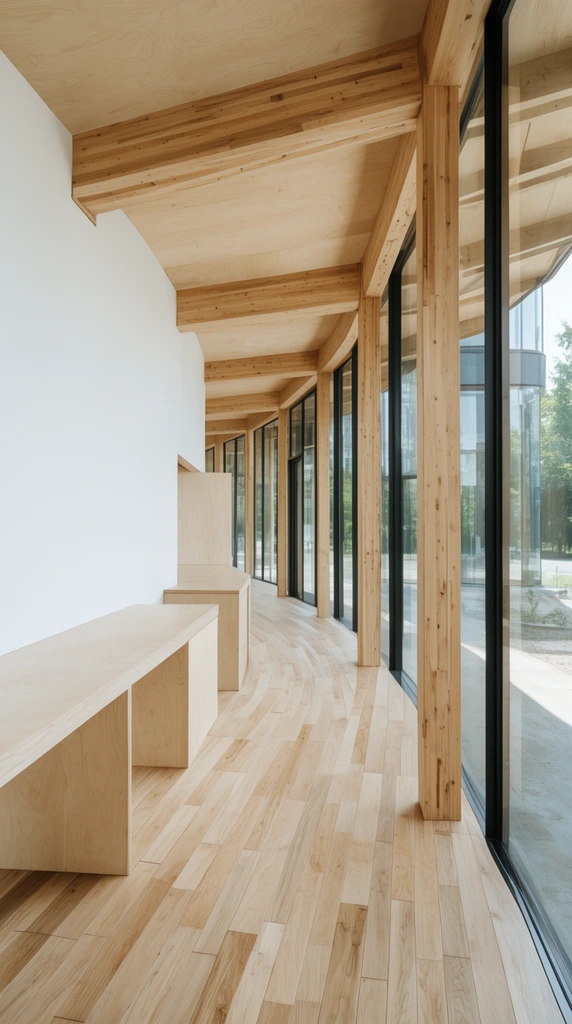 modern minimalist wooden interior corridor, built-in light plywood counters along a white wall, angled light wood plank flooring following a curved hallway path, exposed timber structural pillars, floor-to-ceiling glass facade with black framing, bright natural daylight, deep depth of field, clean architectural photography, wide-angle perspective