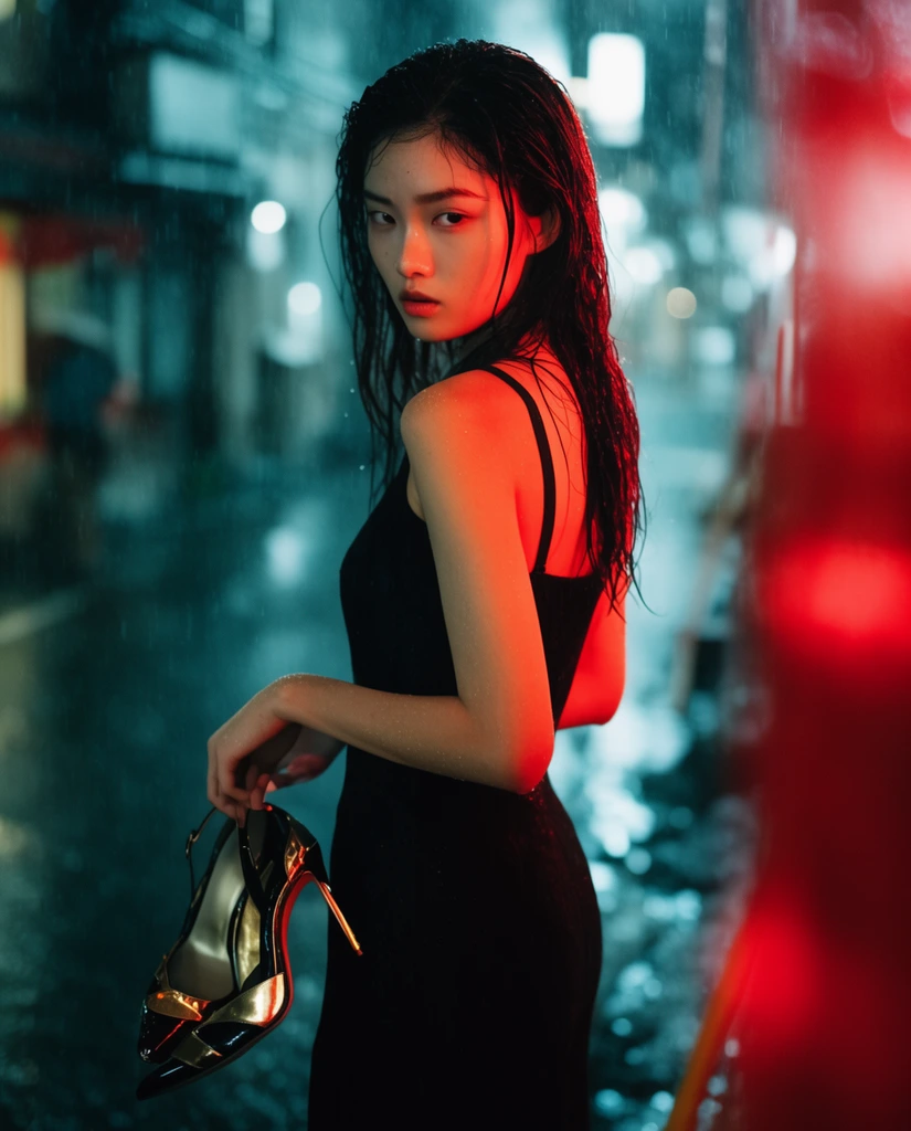young East Asian woman looking over her shoulder, wet dark hair, intense gaze, black sleeveless dress, holding black and gold high heels, cinematic red neon rim lighting on her back and face, wet urban night street, cool blue-green background bokeh, blurred red foreground element, shallow depth of field, moody portrait photography