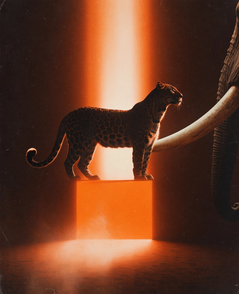 silhouette of a leopard standing near an elephant with a tusk, profile view, centered within a vertical column of ethereal orange light, deep teal to charcoal grainy background, retro analog film aesthetic, heavy photographic grain and dust specks, soft glowing halos, vertical light streaks and light leaks, minimalist surreal composition, vintage lo-fi quality, standing in a pool of incandescent orange light, cool dark teal color palette, cinematic atmospheric mood