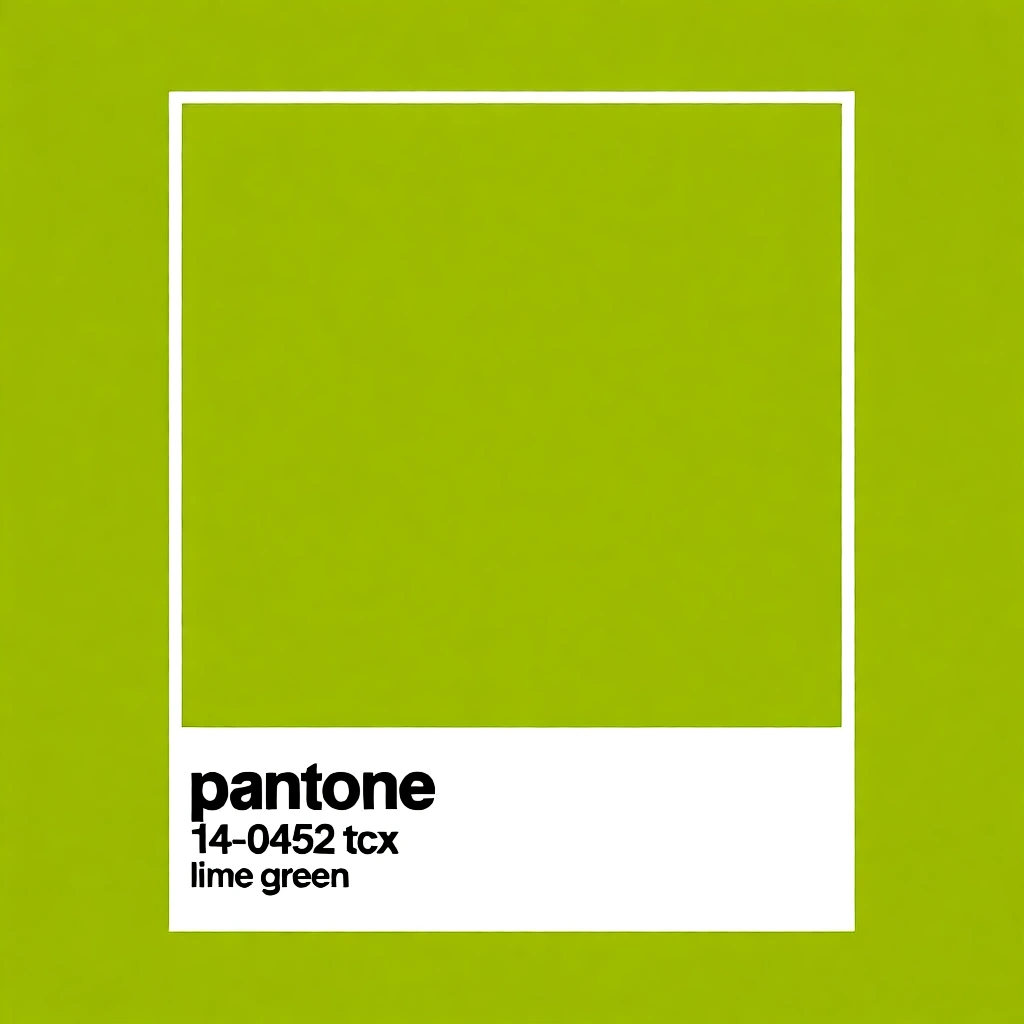 minimalist pantone color swatch layout, close-up portrait of a cat wearing a shiny metallic grill, the cat is set against a flat vibrant lime green background matching pantone 14-0452 tcx inside the top rectangular frame, classic white border, white bottom section with bold black sans-serif typography reading pantone 14-0452 tcx lime green, high-end graphic design aesthetic, clean lines, studio lighting, professional brand agency style, pentagram inspired.