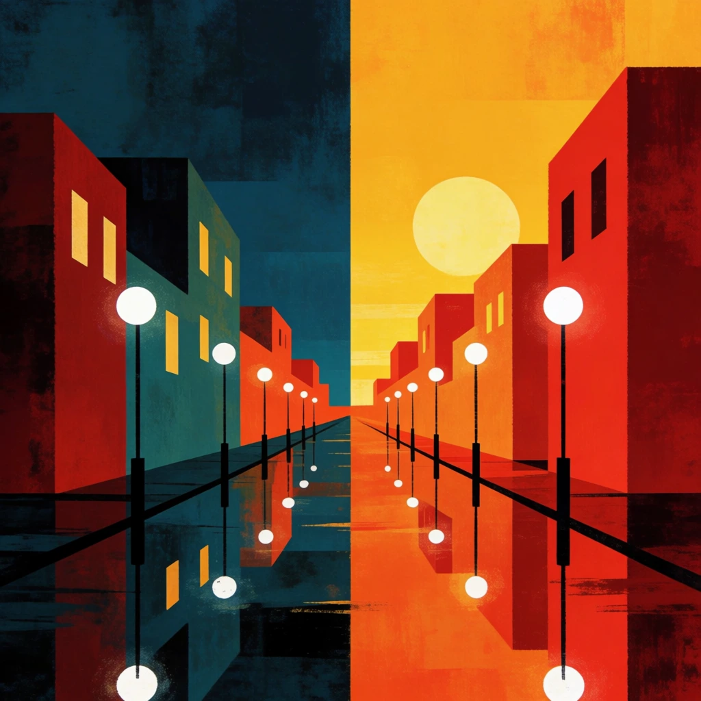 A minimalist, vertically split digital illustration depicts a narrow street with buildings and streetlights reflecting on a wet surface, contrasting a dark teal left side with a vibrant orange right side. On the left, blocky buildings in deep red and muted teal stand beneath a dark, textured blue sky, with several rectangular windows glowing in a warm yellow. Symmetrically, the right side features buildings in shades of bold red and orange under a bright yellow sky where a large, pale yellow sun rests near the horizon. A row of thin, black lampposts topped with glowing white circular globes lines the edges of the central path, their forms and white light mirrored with precision in the dark, reflective ground. The composition follows a one-point perspective, with the street and architecture receding toward a central point on a low horizon where the two color schemes meet in a sharp vertical line. Geometric shapes and sharp lines define the architecture, while subtle painterly textures appear in the sky and the reflections on the water-like ground. The lighting creates a high-contrast environment, emphasizing the glow of the streetlights and windows against the saturated backgrounds of cool and warm tones.