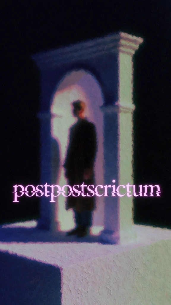 vague silhouette of a person standing within a minimalist classical archway positioned on a stark white textured plinth against an infinite black void, magenta pixelated serif text floating in the foreground, rendered in a lo-fi impressionistic style with soft oil-on-canvas textures, stark theatrical side-lighting from the left creating deep indigo shadows, sage green highlights, pixel-shifted chromatic aberration, heavy film grain, ethereal liminal atmosphere.