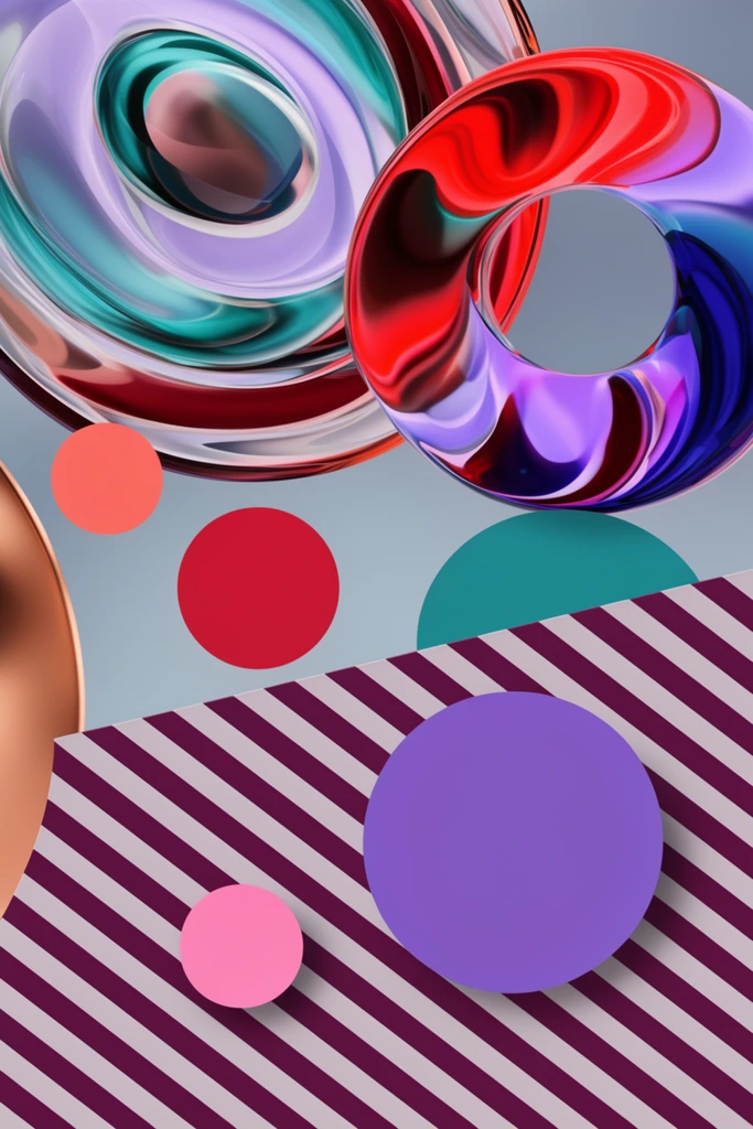 A vibrant abstract composition blending glossy 3D volumetric shapes with flat 2D graphic elements against a soft greyish-blue background. In the upper section, a swirling glass-like form with concentric fluid bands of teal, lavender, and deep red sits beside a highly reflective torus distorting bright red, purple, and deep blue hues. Several solid, matte circles in coral, crimson, and teal float in the midground. The lower half features an angled plane covered in bold diagonal stripes of plum and pale grey. A large flat violet circle and a smaller pink circle hover above the striped surface, casting subtle drop shadows. A smooth copper curve emerges from the left edge. The rendering contrasts hyper-glossy refractive materials with purely flat shapes, creating a surreal optical illusion of depth.