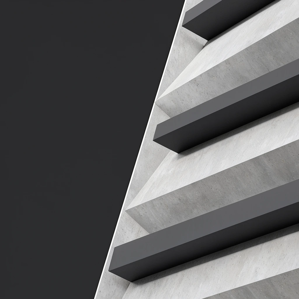 A minimalist architectural composition defined by sharp geometric contrasts. A flat dark charcoal grey expanse on the left meets a crisp diagonal edge, revealing an abstract structural form on the right. This form features overlapping angled tiers of light grey textured concrete, heavily intersected by thick horizontal dark grey rectangular bands. The stylized low-angle perspective emphasizes clean lines, stark lighting, modern brutalist aesthetics, and rigid geometric precision.