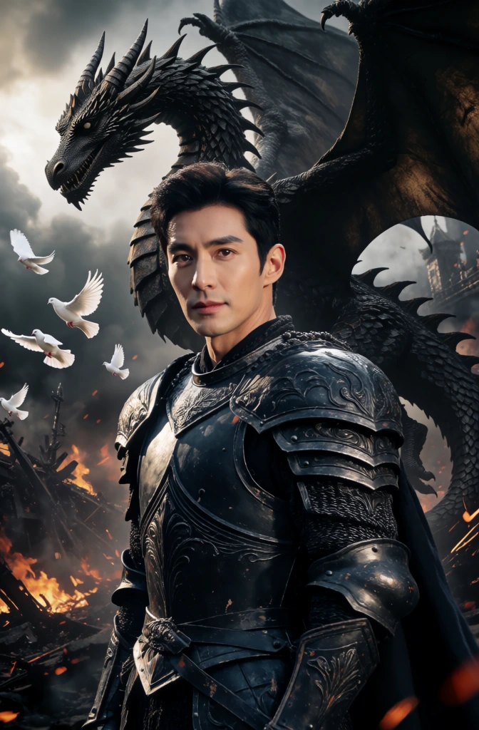 movie poster of tall handsome model looking man with short styled black hair standing in front of black dragon, the man is wearing black knight armor, dark fantasy, epic scene, cinematic, realistic, detailed, a white dove in view of the photo, futuristic