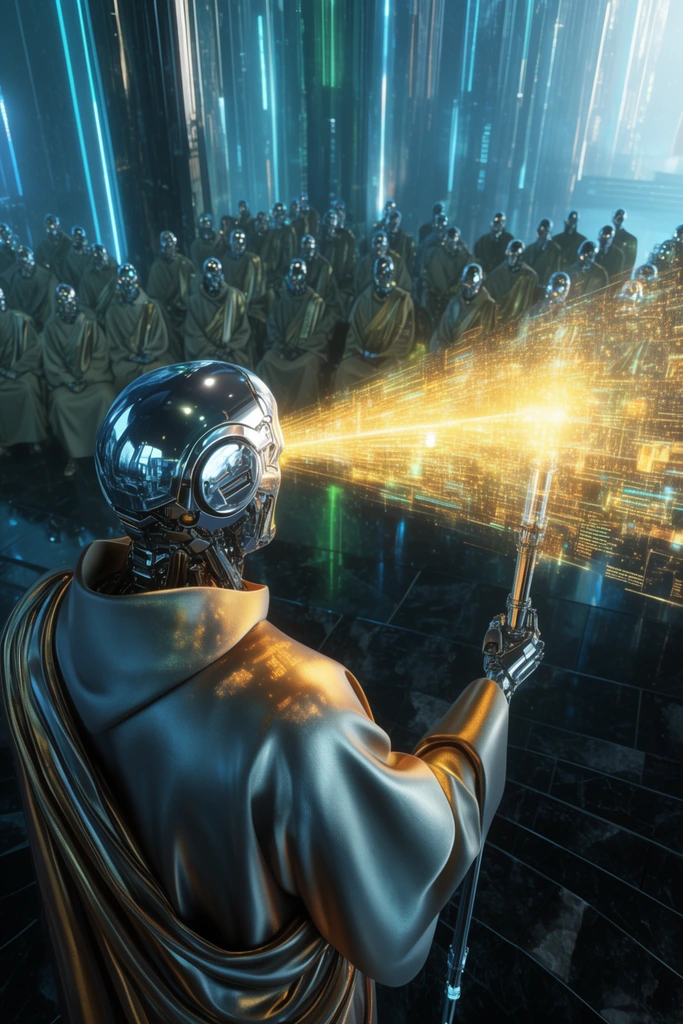 high-angle over-the-shoulder shot, cybernetic monk in metallic robes, chrome-plated head, projecting a bright stream of golden holographic data from a staff, seated congregation of robotic monks observing, futuristic neon cathedral, dark obsidian floors, glowing volumetric light, sci-fi aesthetic