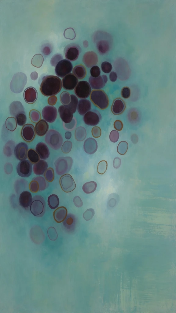 A collection of dark purple and brown organic shapes floats in a dense cluster against a vast, ethereal background of muted teal. The central focus is a loose, oval-shaped gathering of dozens of small, irregular circles and ovals located primarily in the upper-left portion of the frame. These shapes vary in intensity, ranging from deep, saturated plum and dark maroon to translucent lavender and pale gray-blue. Some forms are sharply defined with thin, dark brown or golden-brown outlines, while others are soft-edged and appear to be sinking into or emerging from the background. The largest, darkest shapes are concentrated near the top-center of the cluster, while smaller, fainter ones drift toward the edges. The background is a soft, monochromatic expanse of muted seafoam green and teal, featuring a subtle, painterly texture with horizontal and vertical brushstrokes visible in the lower-right area. The color is slightly lighter and more luminous around the central cluster, creating a faint halo effect. This abstract painting has an ethereal and serene quality, with an asymmetrically balanced composition where the weight of the shapes on the left is offset by the vast, open space on the right. The lighting is soft and diffused, with no clear light source, contributing to a dreamlike atmosphere. The color palette is dominated by cool tones, including shades of teal, aqua, and deep violet, punctuated by warm brownish accents. The overall technique involves soft blending and layers of translucent paint, creating a sense of depth and atmospheric perspective.