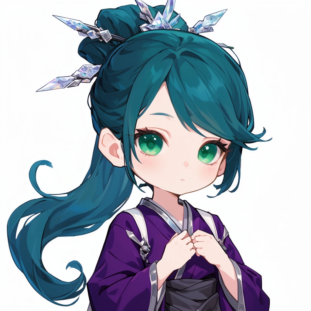 A stylized anime illustration features a young girl with large emerald green eyes and teal hair styled in an updo adorned with sharp crystalline hairpins. She has chibi-inspired proportions, holding her small hands delicately at her chest. Her teal hair features a sweeping fringe and a thick ponytail curling to the left. She wears a deep purple kimono-style top accented with silver trim, a charcoal sash, and white shoulder straps. The figure is isolated against a solid white background. The artwork utilizes a crisp cel-shaded aesthetic with soft gradients in her luminous eyes and subtle blush on her pale cheeks. Precise line art defines the fabric folds and the intricate geometry of the crystal accessories under bright, even lighting.