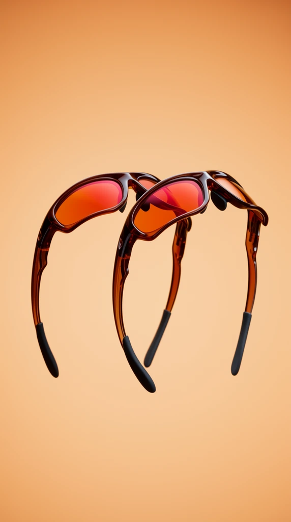 two pairs of intertwined aerodynamic wraparound sports sunglasses, symmetrical interlocking composition resembling a sculptural four-legged form, glossy translucent dark amber frames, vibrant reddish-orange tinted lenses, downward-curving temples with black rubber grips, solid warm peach background, soft diffused studio lighting, crisp product photography, retro-futuristic styling, sleek curved silhouettes, subtle specular highlights