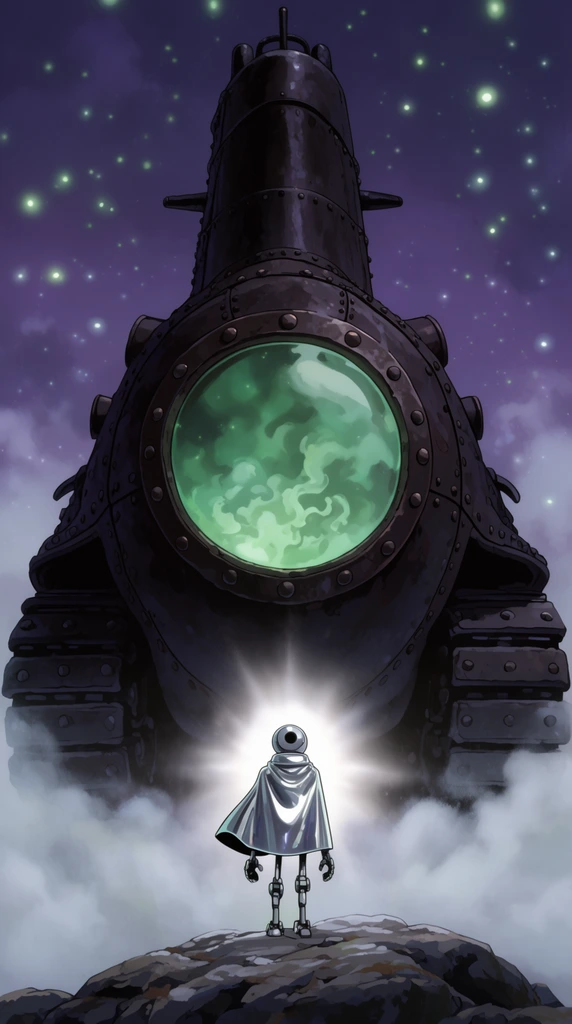 A colossal dark iron submarine on heavy treads looms from billowing white ground fog, its central porthole glowing with swirling green mists. In the foreground, a small robotic figure in a silver cloak stands on a rocky crag facing the towering vessel. A brilliant white aura glows behind the machine against a violet night sky scattered with luminous spores. Rendered in an atmospheric 2D animated style with dramatic scale contrast and cinematic lighting.