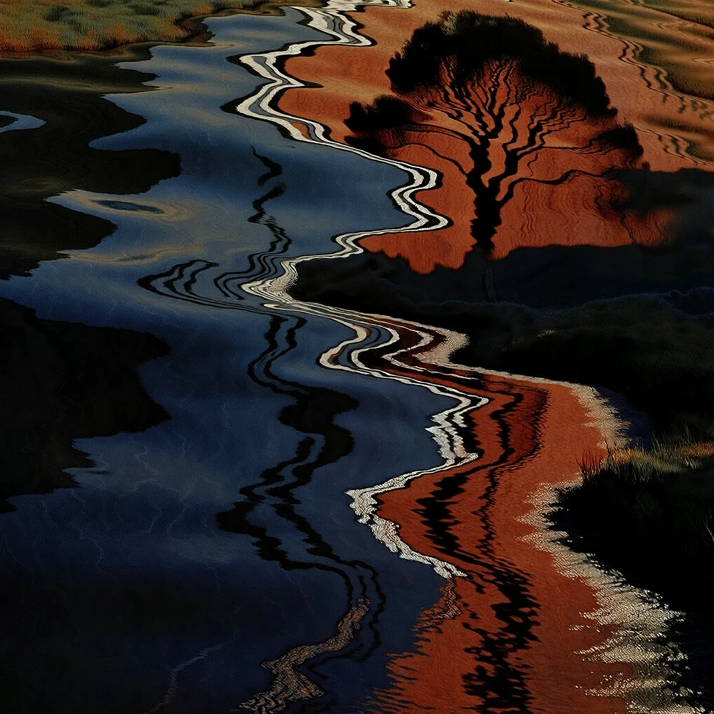 high-contrast liquid reflection aesthetic, deep navy and burnt orange color palette, distorted silhouette of a solitary tree beside a winding dirt road, painterly rippled textures, shimmering white highlights on dark surfaces, organic fluid movement, moody chiaroscuro lighting, abstract composition with heavy shadows, vertical layering of rich tones, liquid distortion applied to landscape elements, ethereal and wavy line quality, midnight blue shadows, vibrant terracotta highlights.