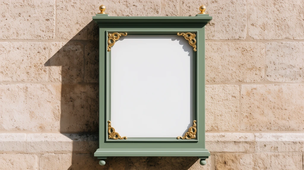 A rectangular sage green wall-mounted display with ornate gold corner flourishes and top finials surrounds a solid white central panel. Positioned on a textured warm beige stone wall, the fixture casts a sharp diagonal shadow to the left under stark direct sunlight in a minimalist architectural composition.