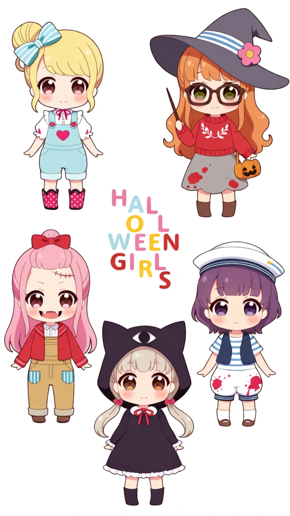 Five chibi-style anime girls are illustrated in various Halloween costumes against a plain white background. In the center of the upper half, the words "HALLOWEEN GIRLS" are written in a staggered, vertical arrangement with letters in alternating colors of pink, light blue, yellow, and red. The girl in the top left has blonde hair styled in a side bun with a large blue and white striped bow; she wears light blue overalls with a pink heart on the chest and a white ruffled blouse, paired with pink and red polka-dot boots. To the top right, a girl with long wavy orange hair and thick-rimmed glasses wears a large grey witch hat with blue stripes and a pink flower. She is dressed in a red sweater with white leaf embroidery, a grey skirt stained with red spots, and holds a brown wand while carrying a small pumpkin-shaped purse. In the bottom left, a girl with long pink hair and a red bow displays small fangs and a stitched scar on her forehead, wearing a red jacket over tan overalls with blue and white striped pockets. The central girl at the bottom is dressed in a black hooded dress featuring large cat ears and a single large eye on the forehead, with light blonde pigtails and a red ribbon at her neck. The girl in the bottom right has short purple hair and a white sailor hat, wearing a blue and white striped shirt with a navy vest and white puffy shorts marked with red splatters. Each character has large, expressive eyes and a small, simplified body characteristic of the chibi artistic style. The lighting is bright and even, casting no shadows, while the color palette consists of soft pastels and vibrant primary colors.