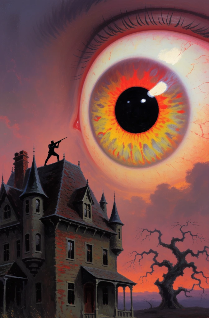 A massive, luminous eye dominates the upper right portion of the scene, its iris a vibrant gradient of yellow, orange, and fiery red with intricate radiating textures and a large, solid black pupil containing two small white glints. To the lower left, a multi-story gothic mansion rises, constructed from dark, textured stone or brick with a steep, pitched roof, several small turrets with pointed spires, and numerous rectangular windows. Perched on the highest ridge of the roof is the dark silhouette of a lone figure in a wide-legged stance, holding a rifle aimed upward toward the colossal eye. To the right of the house, a gnarled, leafless tree with twisted, reaching branches stands against the horizon. The entire scene is set against a twilight sky filled with hazy, swirling clouds in shades of muted purple, magenta, and deep orange, suggesting a source of light emanating from the celestial orb. The artistic style is a surrealist, painterly illustration characterized by visible brushwork and a dramatic low-angle perspective that emphasizes the scale of both the architecture and the monolithic eye. The color palette is defined by a stark contrast between the intense, warm glow of the sky and eye and the dark, shadowed tones of the foreground subjects.