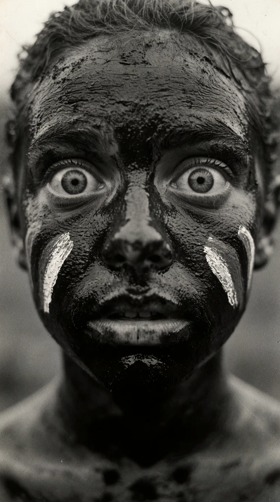 extreme close-up of a dark mud-covered face, wide staring eyes, painted streaks on cheeks, wet skin, vintage black and white film photography, heavy grain, blurred background