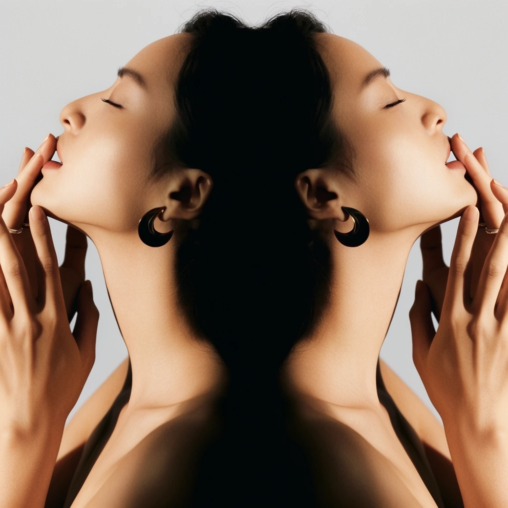 A perfectly symmetrical, vertically mirrored portrait of a woman in profile with her head tilted back and eyes closed. She softly rests her index and middle fingertips against her lower lip, revealing a delicate ring. Her dark hair is pulled back, merging in the vertical center to create a striking, solid black abstract silhouette that anchors the image. She wears prominent, dark crescent-shaped earrings. Warm, directional studio lighting sculpts soft shadows across her jawline, elongated neck, and hands, contrasting sharply with a minimal pale grey background. The high-fashion editorial composition leverages the stark juxtaposition between the luminous skin tones and the deep black central void.