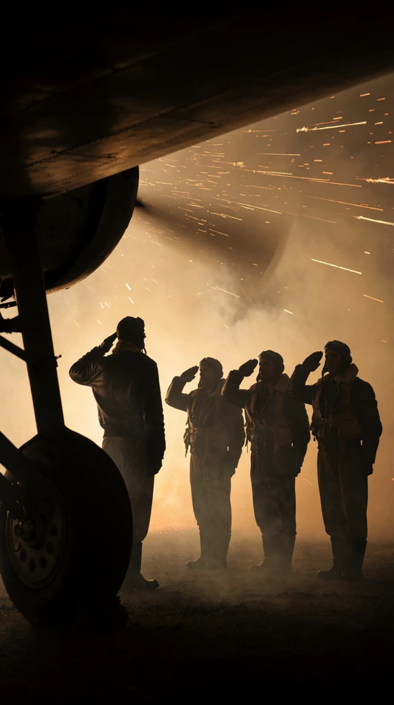 Four silhouetted figures in vintage flight gear salute against a glowing, smoke-filled sky. The foreground is anchored on the left by the massive, curved underside of an airplane wing and landing gear cast in deep shadow. Beside this structure, a figure seen from behind salutes toward the left. To the right, three more aviators stand at rigid attention with raised hands, wearing heavy flight jackets and caps. The atmosphere is dense with illuminated amber fog, creating a dramatic warm backlight that plunges the figures into stark contrast. Horizontal streaks of fiery sparks cut across the hazy sky, adding frantic motion above the solemn aviators. The composition employs a low camera angle and cinematic framing, emphasizing the gravity of the scene through a heavy sepia-toned atmosphere and striking high-contrast silhouettes.