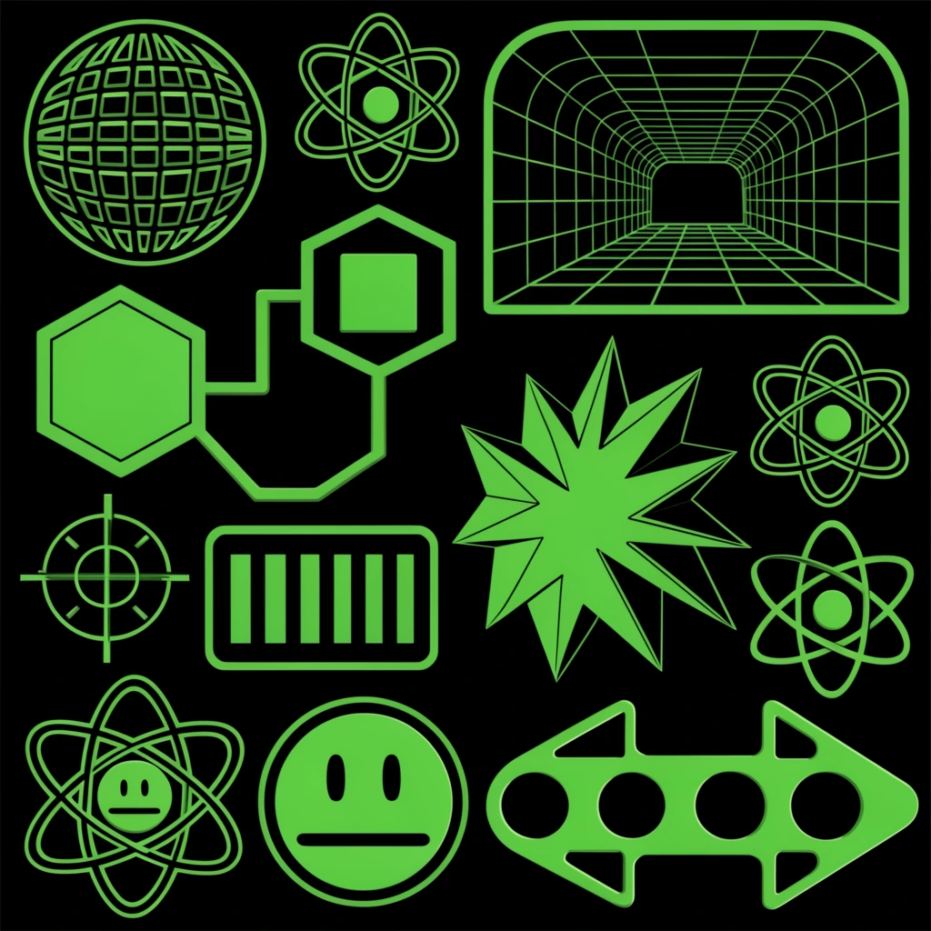 A dense collage of retro-futuristic vector graphic icons rendered in vivid neon green on a pure black background. The monochromatic layout features a mix of flat and pseudo-3D geometric shapes evoking a Y2K cybercore aesthetic. Elements include a wireframe globe, a deep perspective grid of an arched tunnel, and multiple atomic symbols with overlapping orbital rings. An angular network diagram links a solid hexagon to a square node with thick lines. Towards the bottom, an unamused smiley face with straight horizontal lines for eyes and a mouth sits near a matching face enclosed within an atom's orbit. Additional technical graphics include a jagged 3D starburst, a rectangular badge with vertical bars, glowing crosshairs, and an abstract tubular arrow housing circular cutouts, all unified by bold, high-contrast line work.