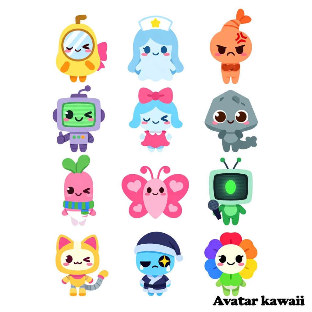 A collection of twelve diverse, chibi-style "Avatar kawaii" characters is arranged in a four-row by three-column grid against a solid white background. Starting from the top left, the first character is a yellow-bodied figure with a round mirror-like head, a pink bow on its back, and one eye closed in a wink. Next to it is a light blue ghost-like girl with flowing blue hair, a white nurse's cap, and a star hair clip. The third character in the top row is a white-headed figure with an orange body, arms crossed, and a shrimp tail protruding from its head, displaying an angry expression with a red vein symbol on its forehead. In the second row, the first character is a purple box-shaped figure with a screen for a face, winking and giving a thumbs up. Beside it is a light blue round character wearing a pink dress and a large pink bow, also winking. To its right is a grey, rock-like creature with large expressive eyes and a small tail. The third row begins with a pink radish-like character with green leaves on its head and a white and pink striped scarf, winking. In the middle is a pink heart-shaped butterfly character with purple antennae and light blue wings decorated with white hearts. To the right is a green television-headed character with black antennae, holding a microphone and winking with a glowing green eye. The bottom row features a yellow cat-like robot with pink ears and a mechanical tail. Next is a blue figure in a dark blue robe and sleeping cap, looking sleepy with a tear in one eye and a large white star pupil in the other. The final character is a flower-like being with a white face and petals in a rainbow gradient of red, orange, yellow, green, and blue. In the bottom right corner, the bold black serif text "Avatar kawaii" is present. The entire image uses clean line art, a vibrant pastel color palette, and a consistent cute, large-eyed aesthetic.