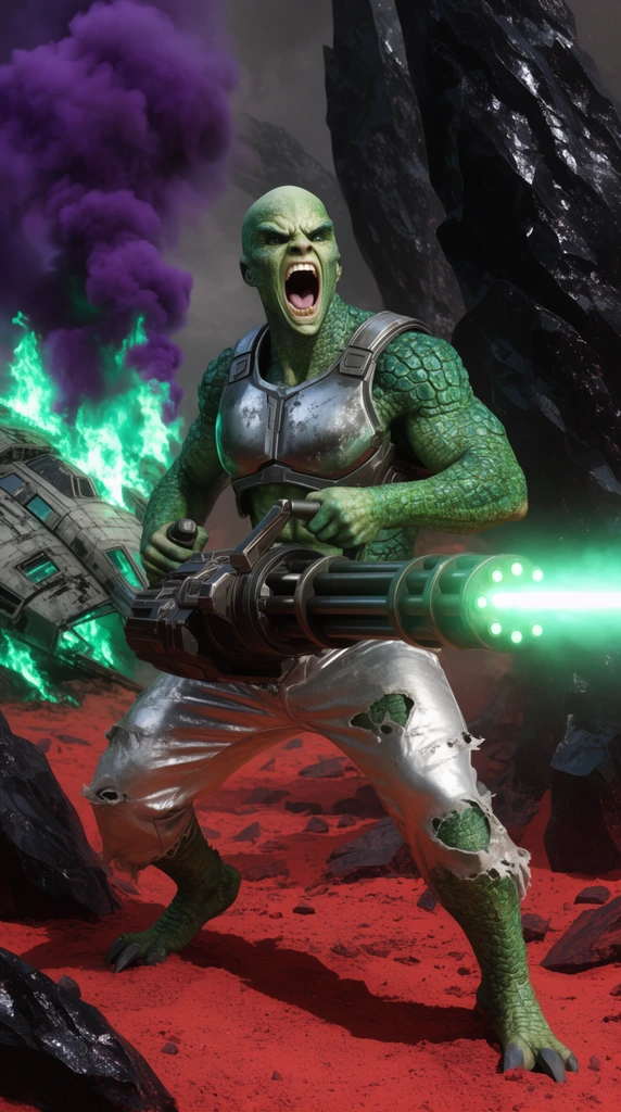 A muscular, bald alien warrior with scaly green skin roars furiously while hip-firing a massive laser gatling gun. The extraterrestrial wears torn silver trousers and a metallic chest plate. Thick purple smoke and emerald flames billow from a crashed spaceship on the left. The chaotic scene unfolds on a red-sand battlefield framed by jagged obsidian rocks under harsh cinematic lighting.