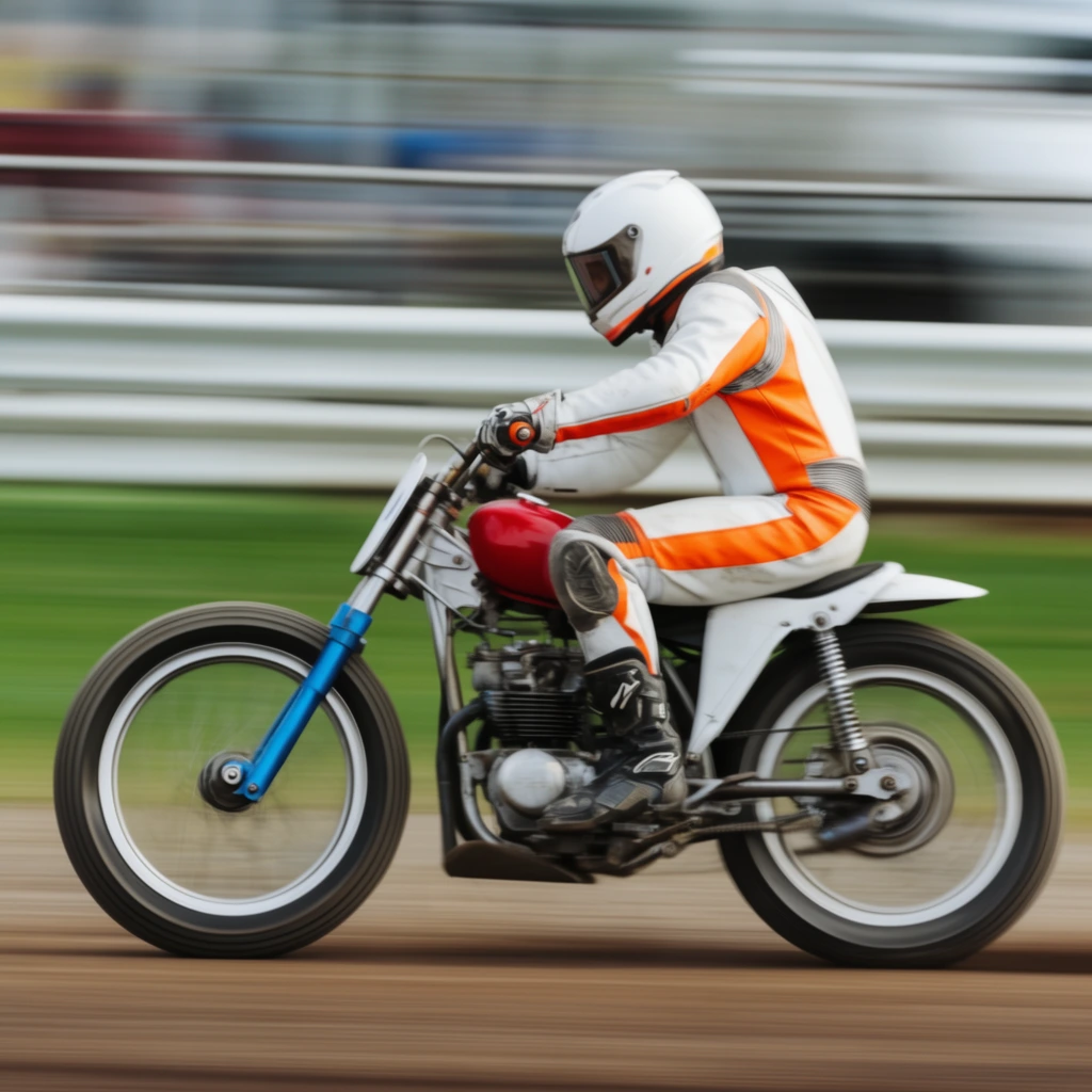 flat track racer on vintage dirt bike, white and orange leather suit, red fuel tank, blue front forks, fast panning motion blur, blurred track railing and green grass