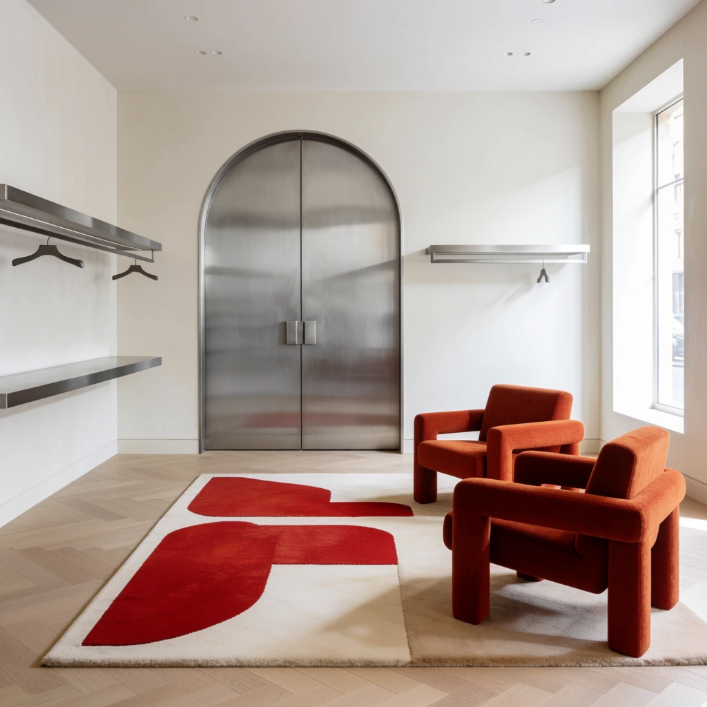minimalist luxury boutique interior, two chunky rust-orange armchairs, geometric rug with bold red abstract shapes, light wood herringbone floor, brushed steel arched doors, floating metal garment racks, bright natural daylight