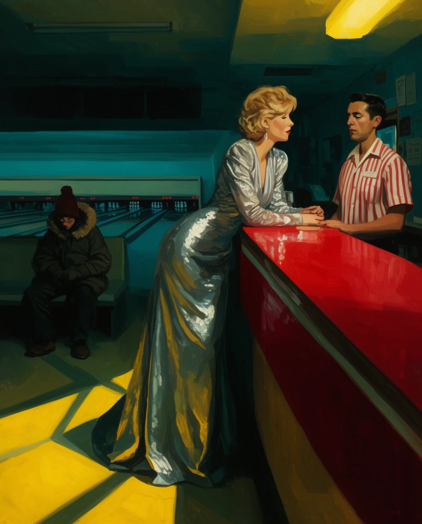 An oil painting of a late-night bowling alley. A woman in a silver gown leans across a red formica counter toward an attendant in a striped shirt. A solitary person in a winter coat sits on a shadowy bench. Stark yellow lighting contrasts with deep teal surroundings, casting geometric shadows.