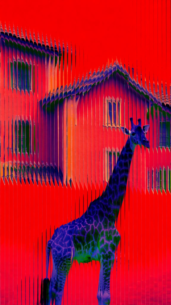 a spotted giraffe standing behind architectural city buildings, rendered in a vertical slit-scan glitch style with staggered offset strips, the subject is composed of deep blues and purples with green highlights, set against a vibrant saturated solid red background with tonal vertical stripes, high-contrast minimalist digital aesthetic, sharp geometric slices, rhythmic repetition, modern graphic design style, distorted realism, clean vertical composition.