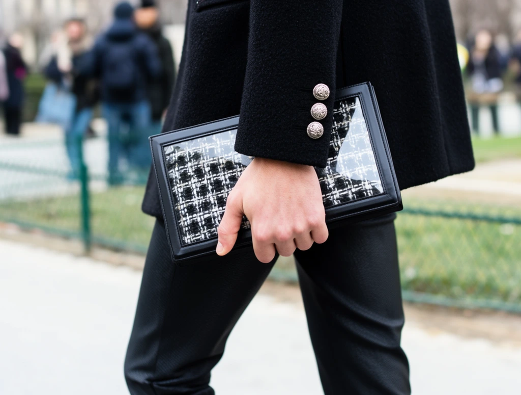 A close-up street style photograph of a person walking outdoors, focusing on their torso and right arm carrying a rectangular clutch bag. The individual wears a textured black wool coat featuring three ornate, silver-toned buttons aligned near the sleeve cuff. Their bare hand tightly grips a structured clutch designed with a thick black border and a glossy transparent layer over a black-and-white tweed pattern. They are dressed in sleek, subtly textured black trousers. Captured with a shallow depth of field under soft, diffused daylight, the heavily blurred background reveals an urban park environment with a light grey paved walkway, a low green metal fence, patches of grass, and unrecognizable pedestrians wearing winter outerwear.