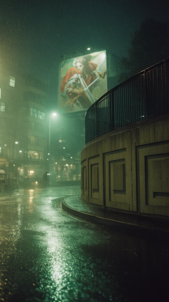 cinematic rainy night street corner, wet reflective asphalt catching bright green ambient light, curved concrete wall with geometric indentations and metal fencing dominating the right, hazy background buildings shrouded in heavy rain, illuminated billboard showing a painted figure with a sword, atmospheric neo-noir lighting, 35mm film grain, moody cinematic composition