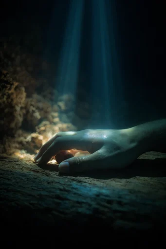 Monochromatic Abyssal Chiaroscuro style reference image — volumetric light beams