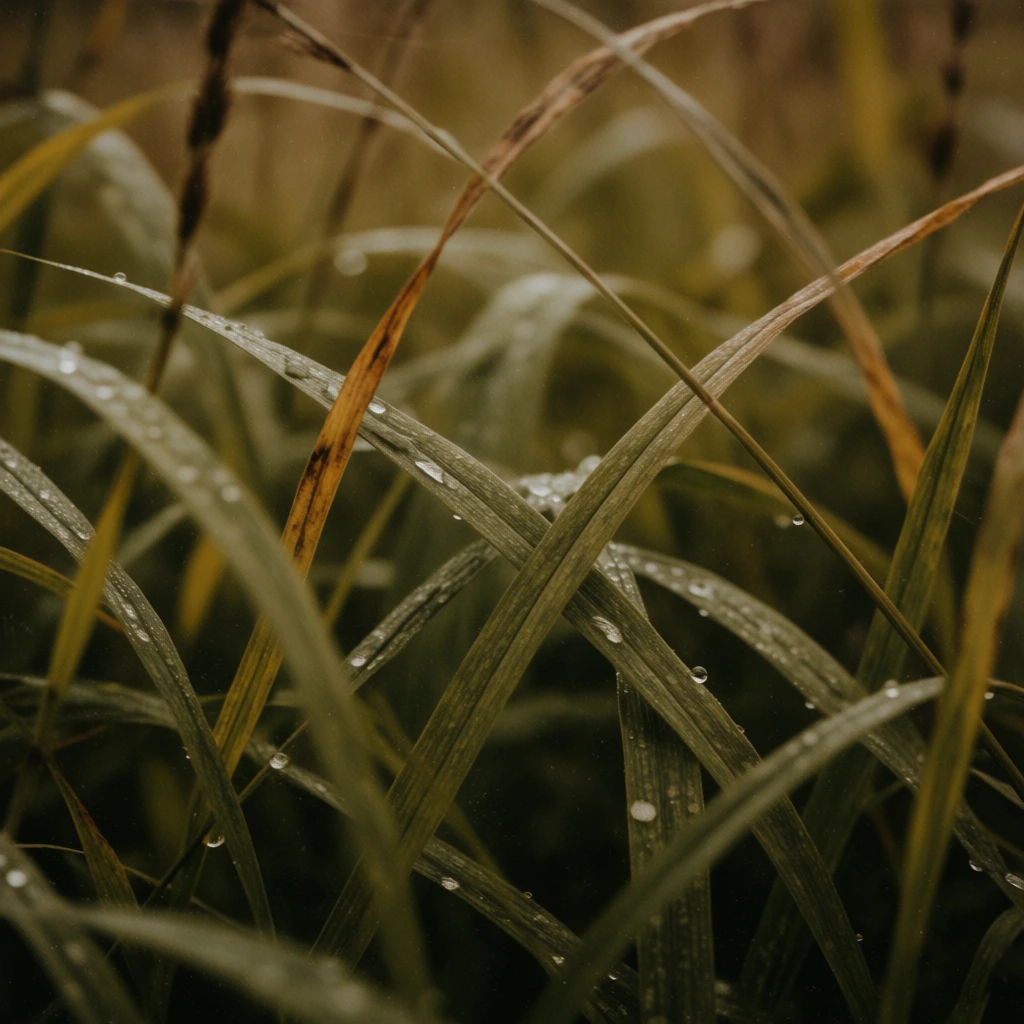 macro photography of tall crisscrossing grass blades, dense meadow foliage, tiny spherical water droplets clinging to textured green and fading brown leaves, shallow depth of field, soft earthy bokeh background, dark olive and muted amber color palette, moody lighting, natural organic textures, slight film grain