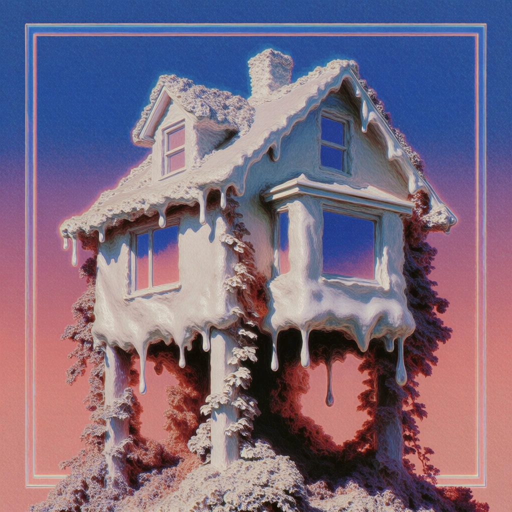 surreal 1980s retro-futurist illustration, house on stilts overrun with climbing vines, entire structure featuring a melty frothy frozen-cream texture with visible drips, vibrant deep blue to soft peach gradient background, enclosed by a thin glowing rectangular double-bordered frame, soft painterly brushstrokes with a heavy grainy canvas texture, ethereal lighting with high-contrast highlights, dreamcore aesthetic, vaporwave color palette, surrealistic lo-fi digital oil painting.