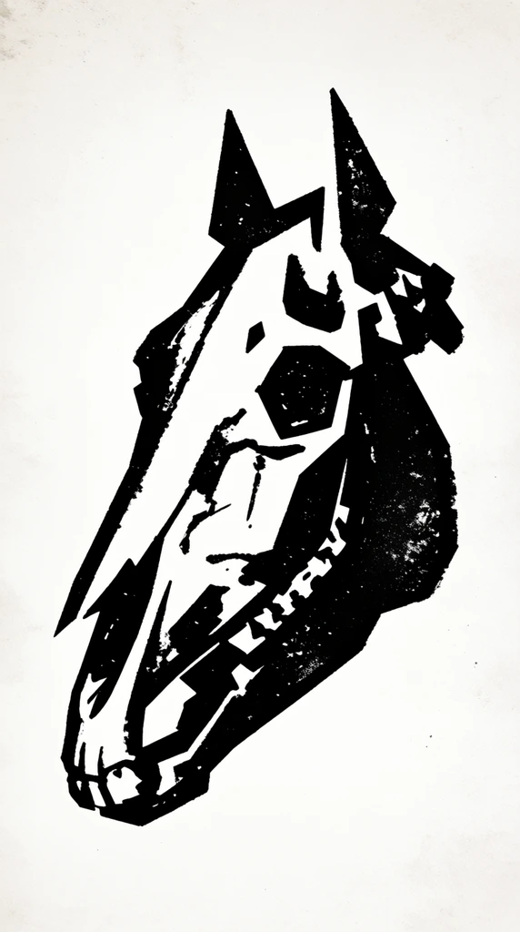 stark black and white graphic illustration of a stylized horse skull in profile facing left, rough block print and linocut aesthetic, geometric and angular shapes, high contrast, solid black forms intersecting with unprinted areas, prominent polygonal eye socket, jagged jawline, two sharp triangular spikes positioned as ears, thick ink application with slightly distressed grunge edges, off-white textured paper background, minimalist centered composition, brutalist design