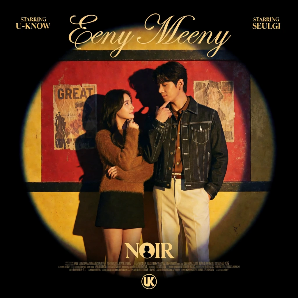 A man and a woman stand close together in a stylized circular frame for a noir-themed promotional poster. The woman on the left has long dark hair and wears a fuzzy brown sweater with a short black skirt; she looks up at the man with her hand near her chin. To her right, the man has dark hair and wears a dark denim jacket featuring prominent white stitching over a brown shirt and light-colored trousers, looking down at her while pointing to his chin. They are positioned in front of a red wall segmented by black horizontal bars, upon which two weathered posters are attached, one on the left displaying the word "GREAT". Harsh lighting from the front casts their dark, distinct shadows onto the background wall. The entire scene is framed by a yellow-tinted circular vignette against a solid black background. At the top of the poster, the words "STARRING U-KNOW" appear on the left and "STARRING SEULGI" on the right in a small, gold serif font. Between these, the title "Eeny Meeny" is written in a large, elegant, gold script font. At the bottom, the word "NOIR" is centered in a gold serif font, with a stylized silhouette inside the letter "O". Beneath this is a dense block of credits in small white text, and a circular logo containing the letters "UK" sits at the very bottom center. The color palette is rich with deep blacks, warm golds, and vibrant reds, emphasizing a vintage cinematic aesthetic.