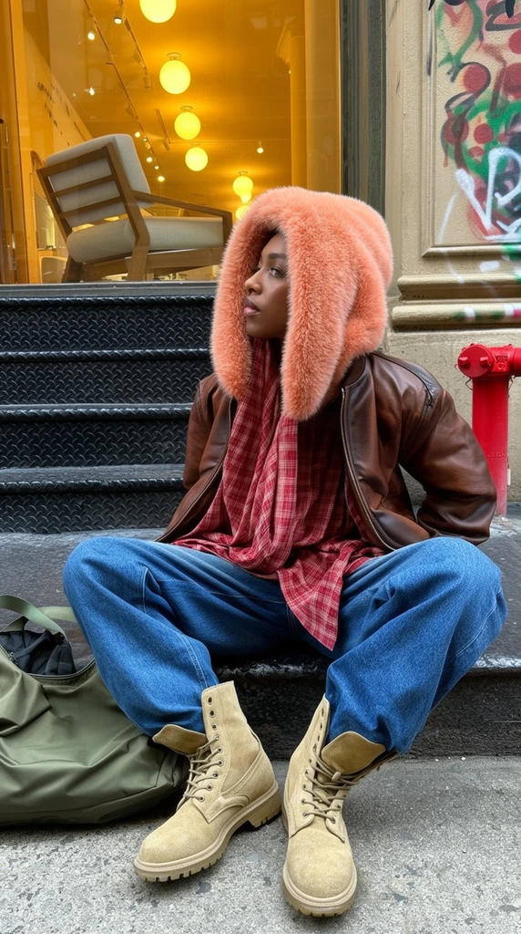 A stylish person sits cross-legged on a city curb wearing a brown leather bomber jacket with a voluminous peach-colored fuzzy hood, a draped red plaid flannel shirt, baggy blue jeans, and tan suede combat boots. An olive green bag rests on the concrete sidewalk beside them. Behind the individual, black diamond-tread metal stairs lead to a glass storefront window radiating a warm yellow glow from interior globe lights, revealing a modern armchair. A beige wall marked with colorful spray paint and a bright red fire hydrant frame the right background. Captured from a slightly low angle, this street fashion photograph contrasts natural daylight with warm interior lighting, highlighting the rich fabric textures against the gritty urban architecture.