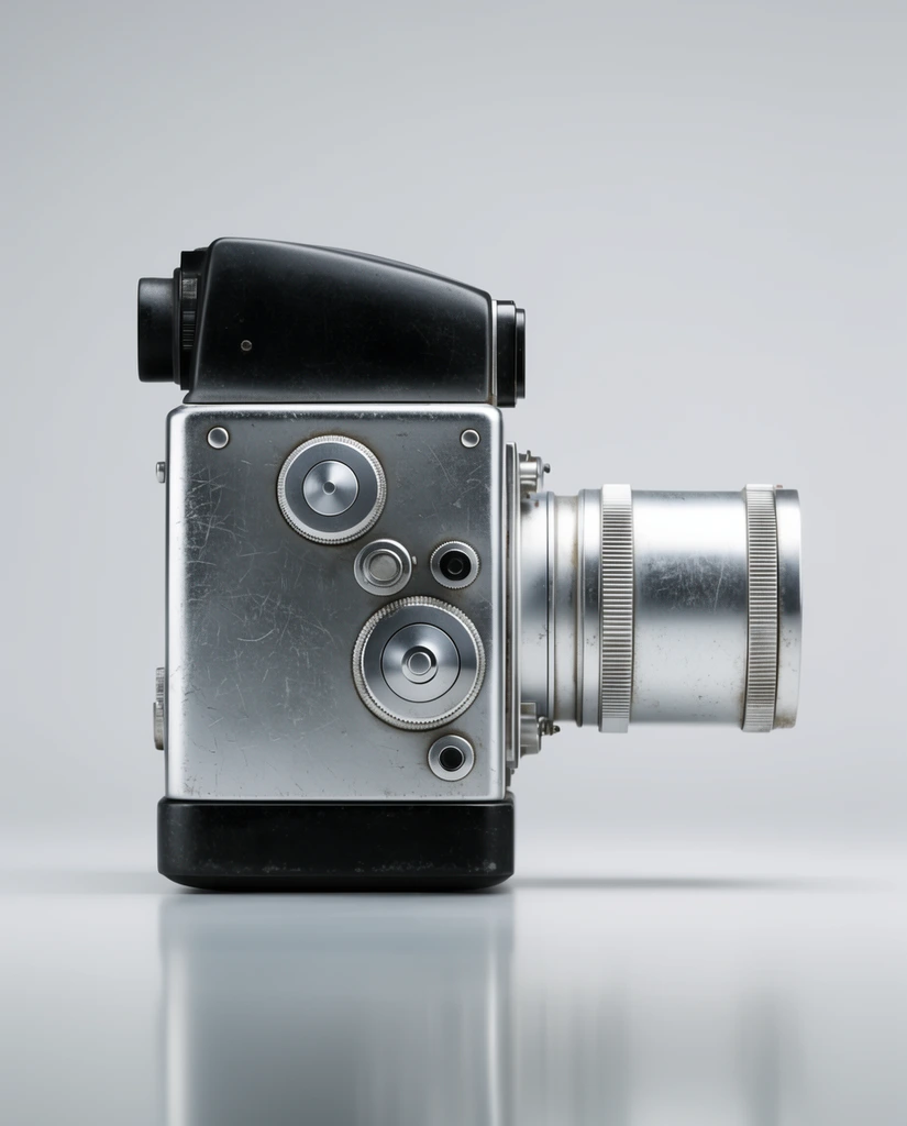 A vintage silver and black film camera rests in strict profile on a glossy light gray surface against a seamless minimalist background. The rectangular silver metal body is heavily marked with scratches, contrasting with its thick black base and black rubber viewfinder. A prominent cylindrical silver lens protrudes forward. The side panel displays several circular metal dials and switches. Soft, diffused studio lighting creates smooth gradients and subtle reflections on the pristine floor below.