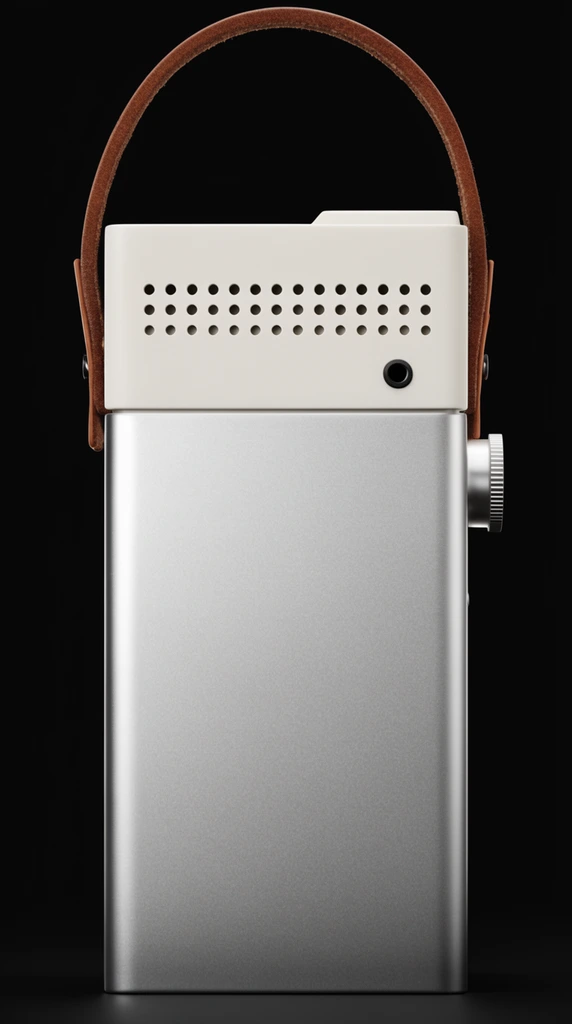 minimalist rectangular electronic device, matte silver metallic body, off-white upper panel with a horizontal row of small circular perforations, small black circular input jack, arched brown leather carrying strap, textured silver dial protruding from the right edge, mid-century modern industrial design, clean geometric lines, front-facing studio product photography, soft gradient lighting, solid black background