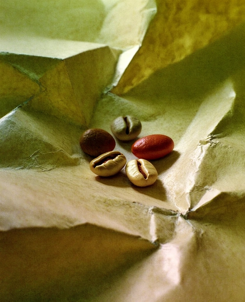 high-angle bird's-eye view, shot on 35mm analog film with heavy organic grain, diffused flat overcast lighting with a nostalgic yellow-green color cast, five large rounded bean-like objects resembling coffee beans resting in the center of a deeply creased and crumpled piece of paper, soft focus rendering, tactile paper textures with shallow shadows in the folds, 1970s cinematic aesthetic, low-contrast shadows, muted earth tones, evocative lo-fi atmosphere.