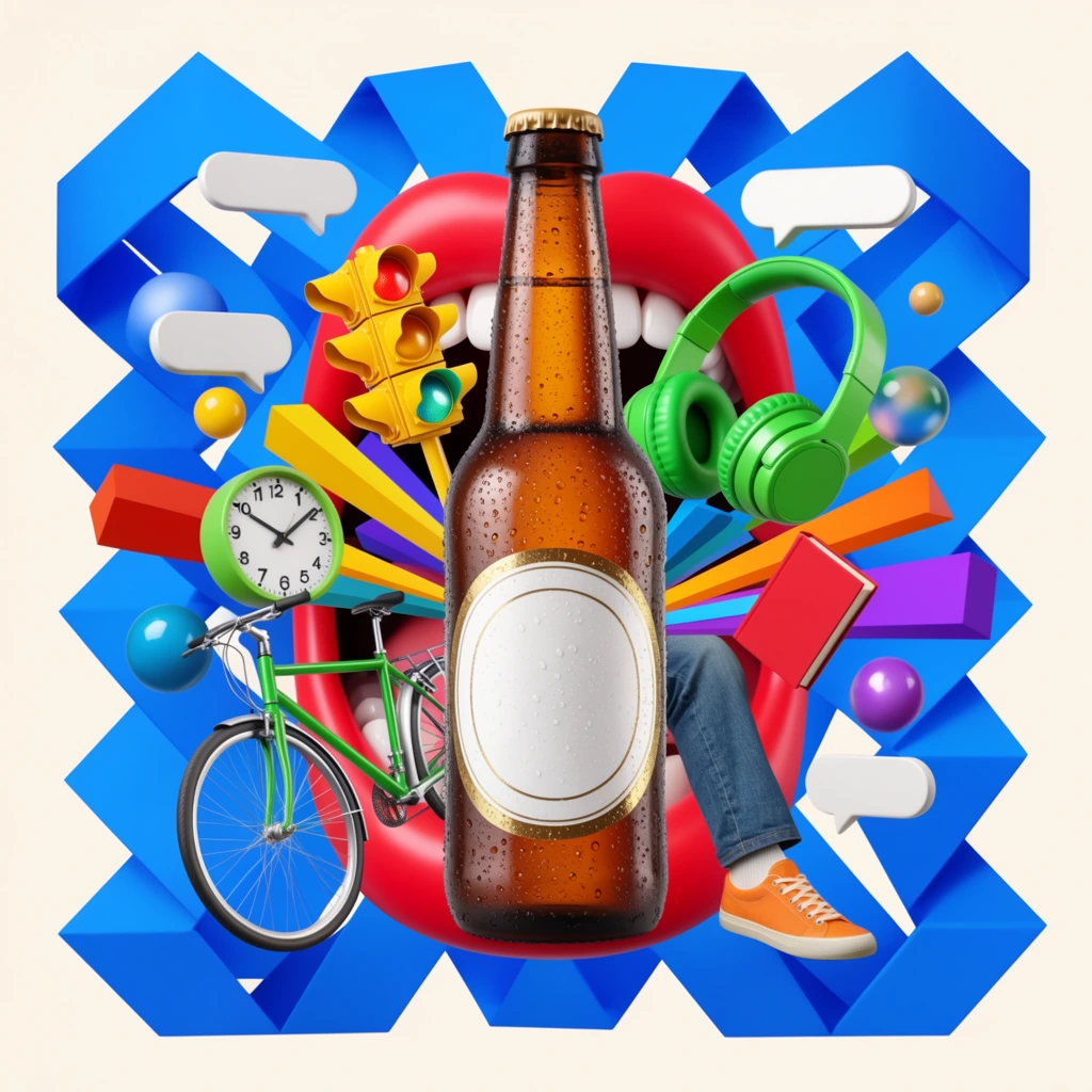A vibrant 3D pop-art collage features a condensation-covered brown glass beverage bottle centered among an explosion of colorful floating objects. The sweating bottle, featuring a circular white and gold label, stands in front of a giant mouth with bright red lips and white teeth. Bursting outward is a dynamic array of surreal 3D elements: a yellow traffic light, a green bicycle, bright green headphones, an analog clock, a red book, and a leg wearing denim and an orange sneaker. Glossy spheres, blank pill-shaped chat bubbles, and geometric beams float weightlessly around the composition. The playful, high-energy scene is framed by a massive blue geometric zigzag ribbon on a solid off-white background, rendered with crisp studio lighting highlighting the contrasting glossy and matte textures.