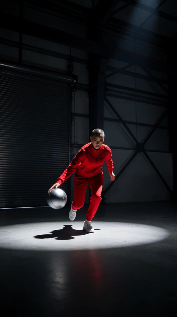 A female athlete with a shaved head dribbles a silver sphere in a dark industrial warehouse. She wears a bright red tracksuit, stepping into a stark overhead spotlight. Strong chiaroscuro lighting highlights her dynamic movement against a moody background of corrugated metal doors and shadowy structural beams in this cinematic composition.