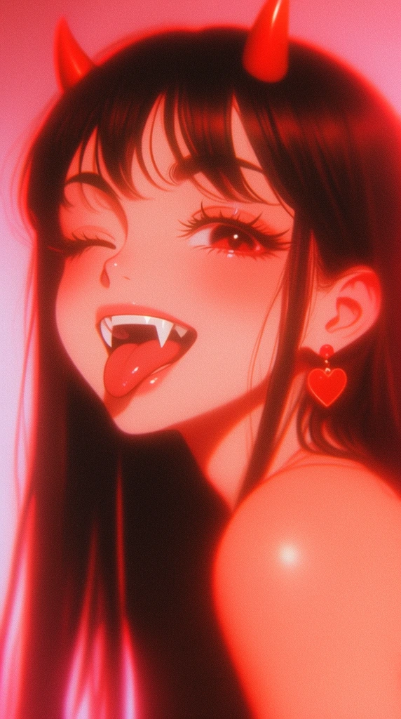Close-up portrait of a playful demon girl winking and sticking her tongue out, retro anime style, sharp fangs, small red horns, long dark hair, red heart earring, soft red and pink lighting, glowing skin, soft focus, film grain, gradient pink background