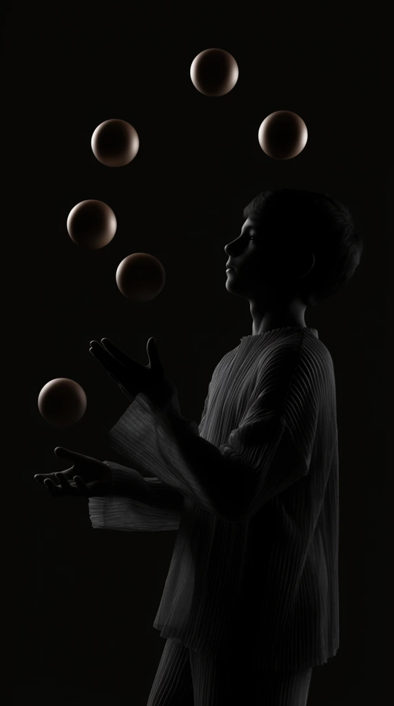 A boy in motion juggling six round objects mid-air, enveloped in an extreme low-key, chiaroscuro lighting environment. The composition is anchored against a pitch-black expanse that seamlessly merges with the deep shadows dominating the subject's form. A single, highly controlled, diffused lateral light source illuminates the scene, casting precise, luminous rim lights along the boy's profile and the edges of his finely pleated, subtly translucent grey garments. The six spherical objects are suspended in a staggered overhead arc, featuring a smooth, matte finish with warm, muted bronze undertones that catch soft, sweeping gradient highlights. The visual execution is hyper-realistic and sculptural, emphasizing crisp textural contrasts between the rigidly uniform folds of the fabric and the pristine, seamless curves of the suspended spheres. The rendering relies on severe tonal contrasts, meticulously centered minimalist framing, and immaculate light roll-offs to define the spatial depth of the isolated figures against the surrounding dark void.