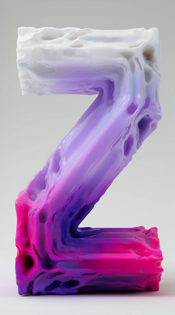 An abstract, angular 3D sculpture with a bold zigzag structure rests against a seamless light grey background. The form transitions through a vibrant color gradient, starting frosty white at the top horizontal section, blending into lavender along the diagonal core, and culminating in saturated magenta and deep violet at the base. The surface features a micro-perforated, mesh-like texture with a subtle halftone pattern. Fluid, melting deformations, carved hollows, and rippling contours along the edges create a digitally glitched, eroded aesthetic. Soft studio lighting enhances the slightly translucent, waxy finish of the intricately detailed synthetic material.