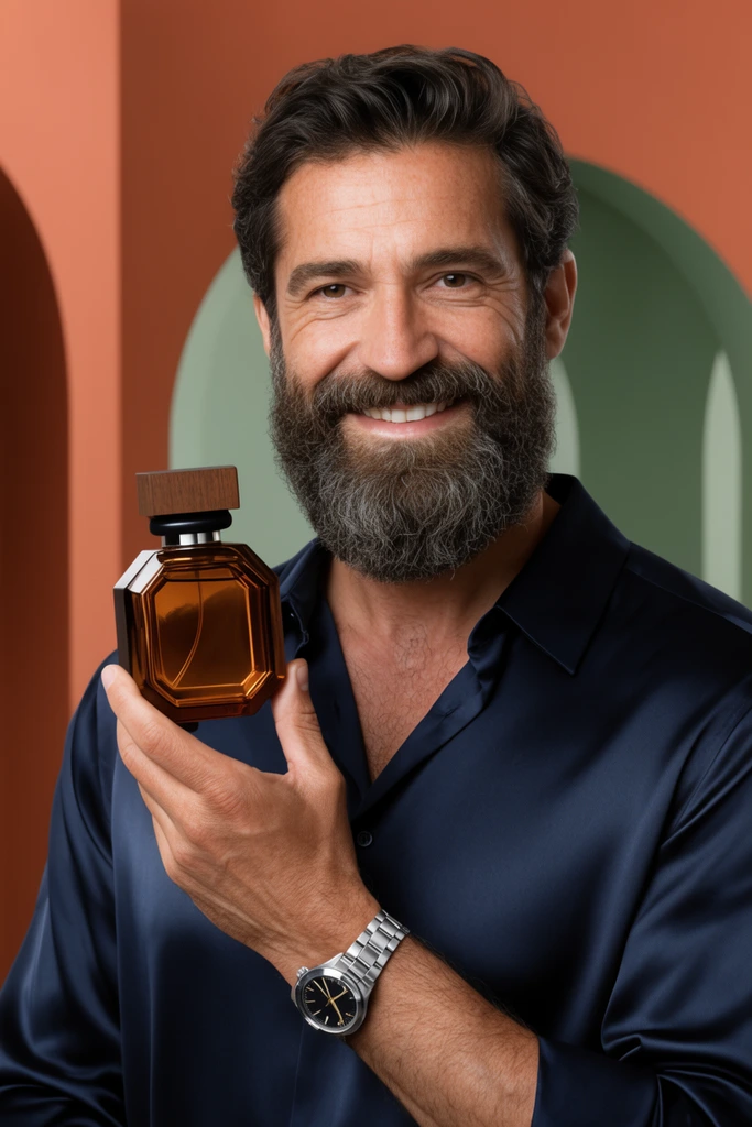 portrait of a mature Mediterranean man with a thick beard smiling warmly, holding a heavy octagonal amber glass cologne bottle with a wooden cap, dark navy silk button-down shirt, silver metal watch on wrist, smooth soft studio lighting, geometric terracotta and sage green architectural arches in background, crisp focus, shallow depth of field, high-end commercial advertising photography